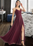 Diana A-Line V-neck Floor-Length Bridesmaid Dress With Ruffle Split Front STIP0012815