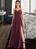 Diana A-Line V-neck Floor-Length Bridesmaid Dress With Ruffle Split Front STIP0012815