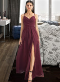 Diana A-Line V-neck Floor-Length Bridesmaid Dress With Ruffle Split Front STIP0012815