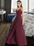 Diana A-Line V-neck Floor-Length Bridesmaid Dress With Ruffle Split Front STIP0012815