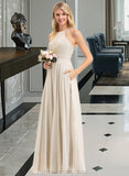 Katrina A-Line Scoop Neck Floor-Length Chiffon Lace Bridesmaid Dress With Pockets STIP0012817