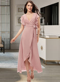 Donna A-line V-Neck Asymmetrical Chiffon Bridesmaid Dress With Ruffle STIP0012818