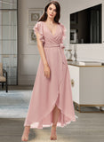 Donna A-line V-Neck Asymmetrical Chiffon Bridesmaid Dress With Ruffle STIP0012818