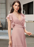 Donna A-line V-Neck Asymmetrical Chiffon Bridesmaid Dress With Ruffle STIP0012818