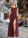 Winnie A-Line Off-the-Shoulder Floor-Length Chiffon Bridesmaid Dress With Ruffle Split Front Pockets STIP0012819