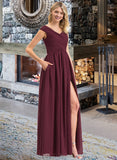 Winnie A-Line Off-the-Shoulder Floor-Length Chiffon Bridesmaid Dress With Ruffle Split Front Pockets STIP0012819