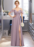 Meredith A-Line V-neck Floor-Length Chiffon Bridesmaid Dress With Ruffle Split Front Cascading Ruffles STIP0012822