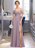 Meredith A-Line V-neck Floor-Length Chiffon Bridesmaid Dress With Ruffle Split Front Cascading Ruffles STIP0012822