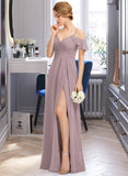 Meredith A-Line V-neck Floor-Length Chiffon Bridesmaid Dress With Ruffle Split Front Cascading Ruffles STIP0012822