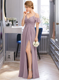 Meredith A-Line V-neck Floor-Length Chiffon Bridesmaid Dress With Ruffle Split Front Cascading Ruffles STIP0012822