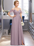 Meredith A-Line V-neck Floor-Length Chiffon Bridesmaid Dress With Ruffle Split Front Cascading Ruffles STIP0012822