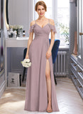 Meredith A-Line V-neck Floor-Length Chiffon Bridesmaid Dress With Ruffle Split Front Cascading Ruffles STIP0012822