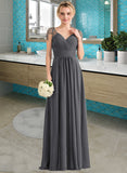 Patricia A-Line V-neck Floor-Length Chiffon Bridesmaid Dress With Ruffle Beading Sequins STIP0012823