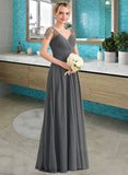 Patricia A-Line V-neck Floor-Length Chiffon Bridesmaid Dress With Ruffle Beading Sequins STIP0012823