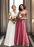 Amelie A-line Off the Shoulder Floor-Length Chiffon Bridesmaid Dress With Ruffle STIP0012825