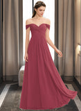 Amelie A-line Off the Shoulder Floor-Length Chiffon Bridesmaid Dress With Ruffle STIP0012825