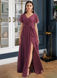 Savanah A-Line V-neck Floor-Length Bridesmaid Dress With Split Front STIP0012829