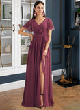 Savanah A-Line V-neck Floor-Length Bridesmaid Dress With Split Front STIP0012829