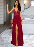 Evie A-Line V-neck Floor-Length Chiffon Bridesmaid Dress With Lace Sequins Split Front STIP0012830