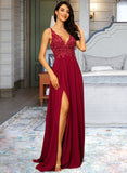 Evie A-Line V-neck Floor-Length Chiffon Bridesmaid Dress With Lace Sequins Split Front STIP0012830