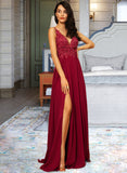 Evie A-Line V-neck Floor-Length Chiffon Bridesmaid Dress With Lace Sequins Split Front STIP0012830