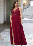 Evie A-Line V-neck Floor-Length Chiffon Bridesmaid Dress With Lace Sequins Split Front STIP0012830