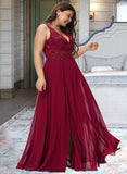 Evie A-Line V-neck Floor-Length Chiffon Bridesmaid Dress With Lace Sequins Split Front STIP0012830