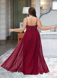 Evie A-Line V-neck Floor-Length Chiffon Bridesmaid Dress With Lace Sequins Split Front STIP0012830