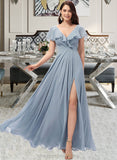 Annika A-Line V-neck Floor-Length Bridesmaid Dress With Split Front STIP0012832