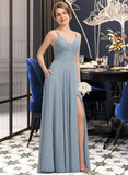 Tiana A-Line V-neck Floor-Length Chiffon Bridesmaid Dress With Ruffle Pockets STIP0012834