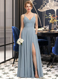 Tiana A-Line V-neck Floor-Length Chiffon Bridesmaid Dress With Ruffle Pockets STIP0012834