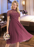 Evelyn A-Line Scoop Neck Knee-Length Chiffon Lace Bridesmaid Dress STIP0012836