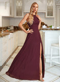 Savannah A-Line High Neck Floor-Length Bridesmaid Dress With Split Front STIP0012838