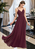 Hana A-line V-Neck Floor-Length Chiffon Lace Bridesmaid Dress With Ruffle STIP0012839