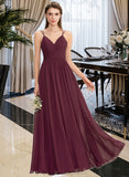 Hana A-line V-Neck Floor-Length Chiffon Lace Bridesmaid Dress With Ruffle STIP0012839