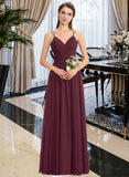 Hana A-line V-Neck Floor-Length Chiffon Lace Bridesmaid Dress With Ruffle STIP0012839