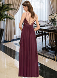 Hana A-line V-Neck Floor-Length Chiffon Lace Bridesmaid Dress With Ruffle STIP0012839