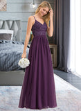 Jenny A-line V-Neck Floor-Length Chiffon Lace Bridesmaid Dress With Beading Sequins STIP0012840