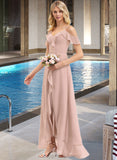 Nadia A-line V-Neck Asymmetrical Chiffon Bridesmaid Dress With Cascading Ruffles STIP0012841