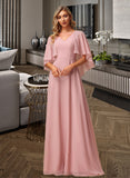 April A-Line V-neck Floor-Length Bridesmaid Dress With Lace STIP0012842