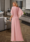 April A-Line V-neck Floor-Length Bridesmaid Dress With Lace STIP0012842