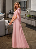 April A-Line V-neck Floor-Length Bridesmaid Dress With Lace STIP0012842