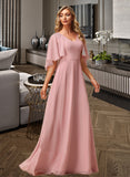 April A-Line V-neck Floor-Length Bridesmaid Dress With Lace STIP0012842