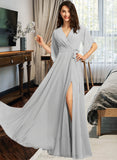 Zara A-Line V-neck Floor-Length Bridesmaid Dress With Ruffle Split Front STIP0012844