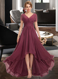 Mavis A-Line V-neck Asymmetrical Chiffon Lace Bridesmaid Dress With Ruffle STIP0012850