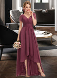 Mavis A-Line V-neck Asymmetrical Chiffon Lace Bridesmaid Dress With Ruffle STIP0012850