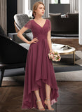 Mavis A-Line V-neck Asymmetrical Chiffon Lace Bridesmaid Dress With Ruffle STIP0012850