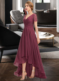 Mavis A-Line V-neck Asymmetrical Chiffon Lace Bridesmaid Dress With Ruffle STIP0012850