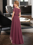 Mavis A-Line V-neck Asymmetrical Chiffon Lace Bridesmaid Dress With Ruffle STIP0012850