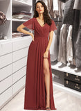 Haleigh A-Line V-neck Floor-Length Bridesmaid Dress With Split Front STIP0012856